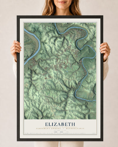 Map of Elizabeth, Allegheny County, Pennsylvania, 24 x 36 inch print in a black wood frame