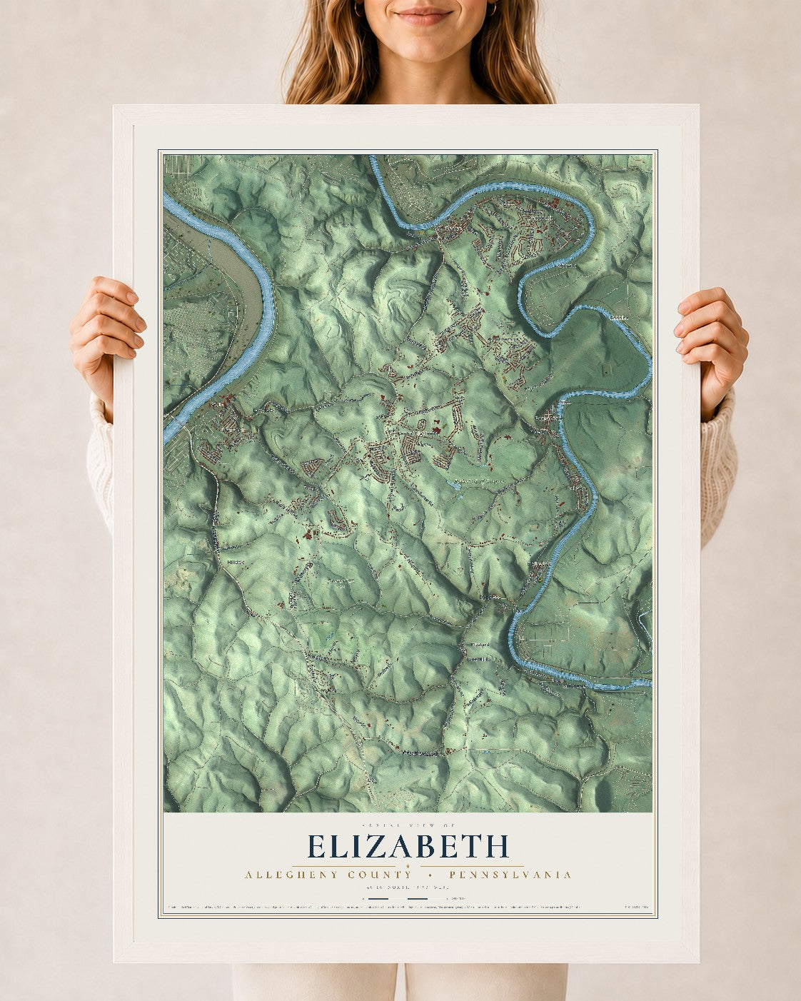 Map of Elizabeth, Allegheny County, Pennsylvania, 24 x 36 inch print in a white wood frame