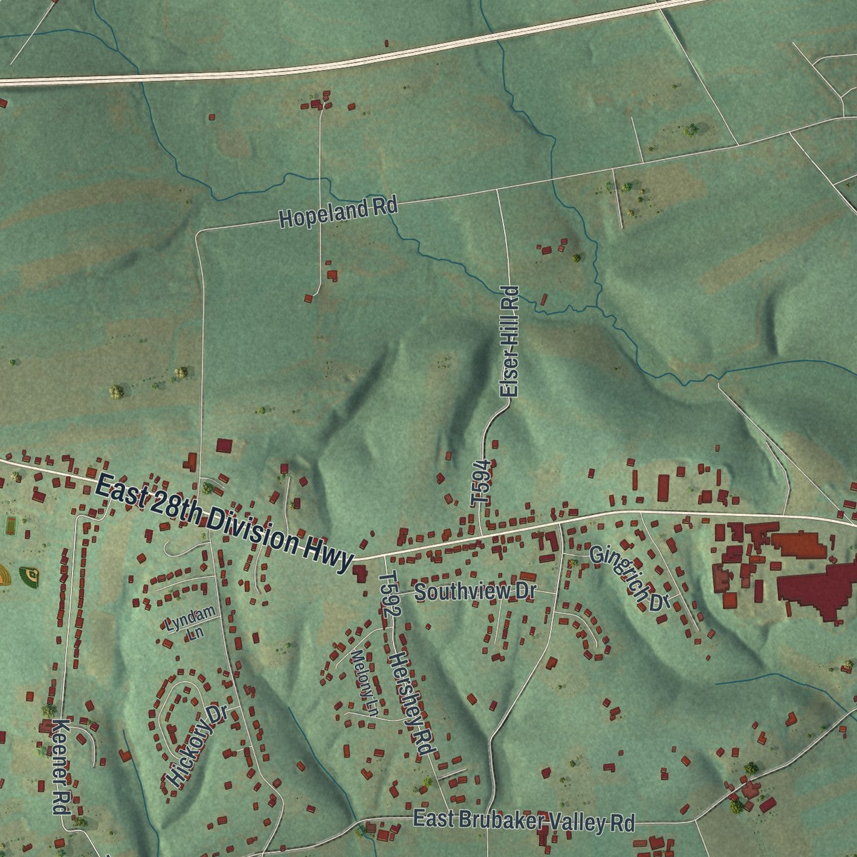 Close-up of the map of Elizabeth, Lancaster County, Pennsylvania print showing street and building detail