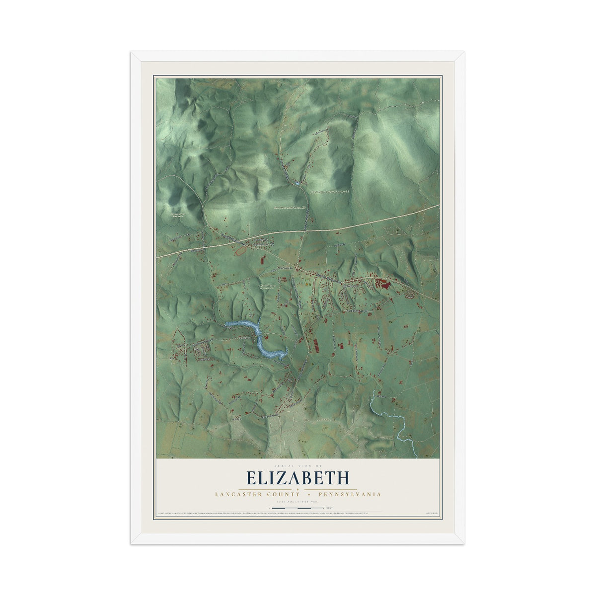 Map of Elizabeth, Lancaster County, Pennsylvania, 12 x 18 inch print in a white wood frame