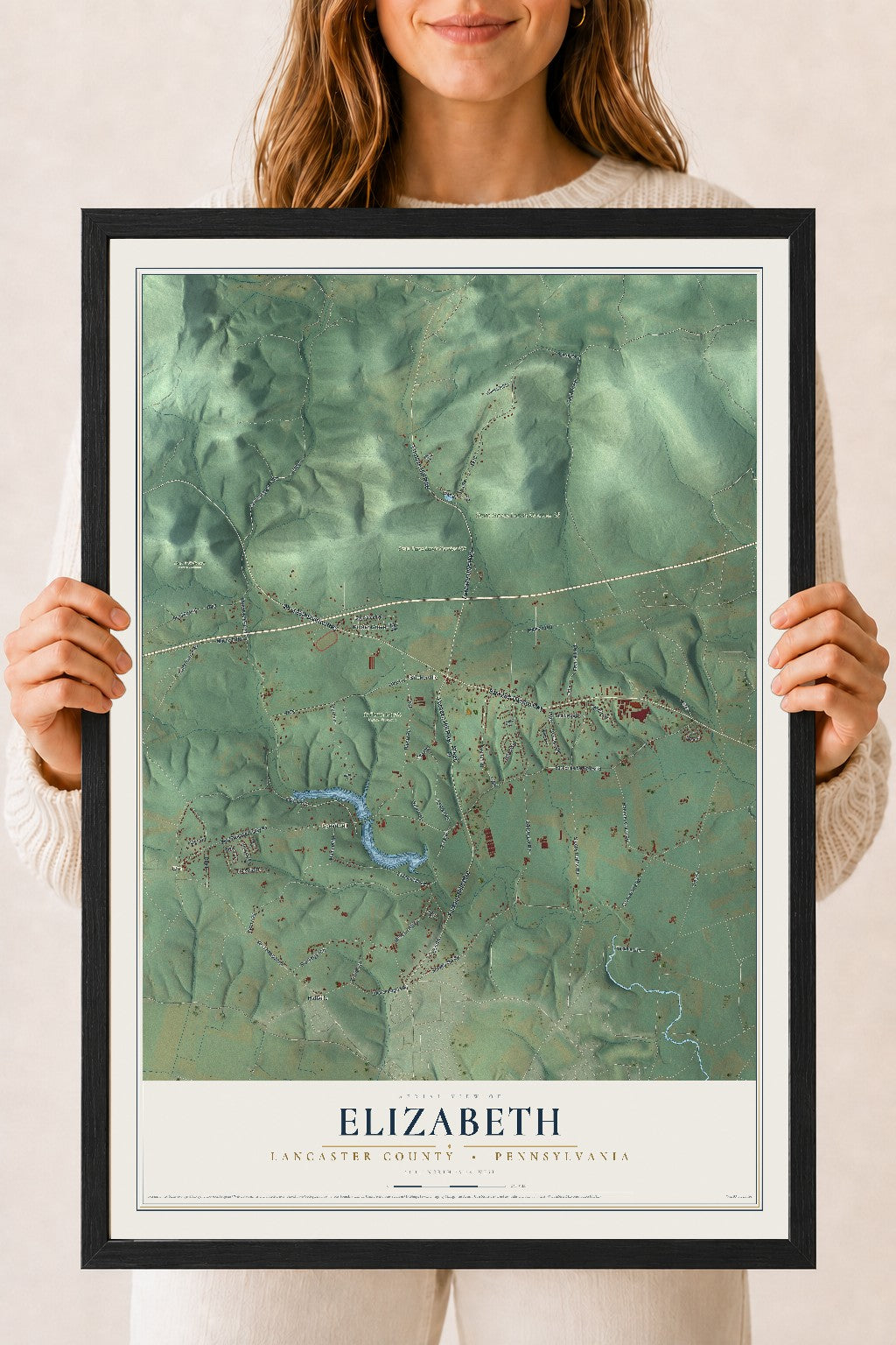Map of Elizabeth, Lancaster County, Pennsylvania, 18 x 24 inch print in a black wood frame