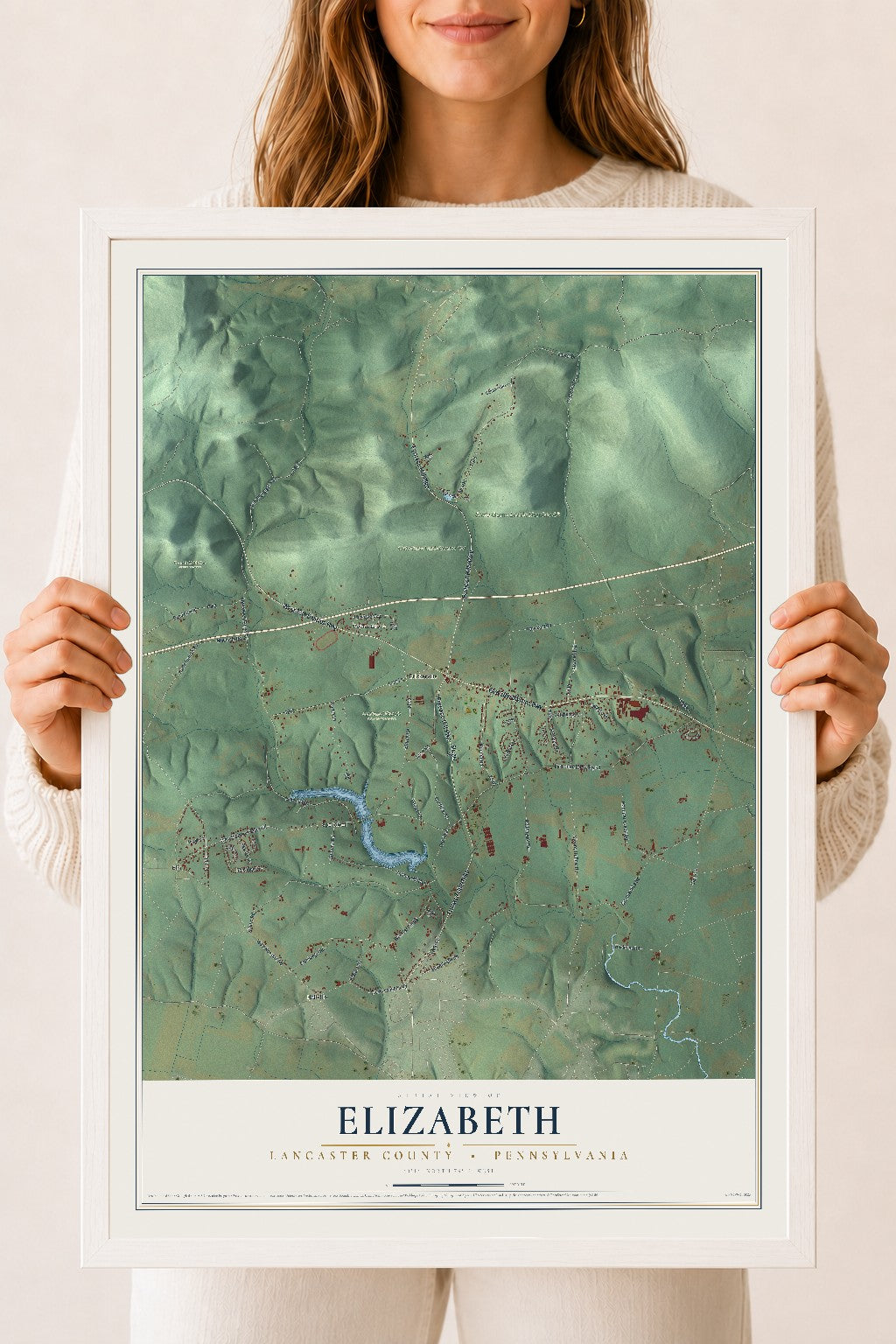 Map of Elizabeth, Lancaster County, Pennsylvania, 18 x 24 inch print in a white wood frame