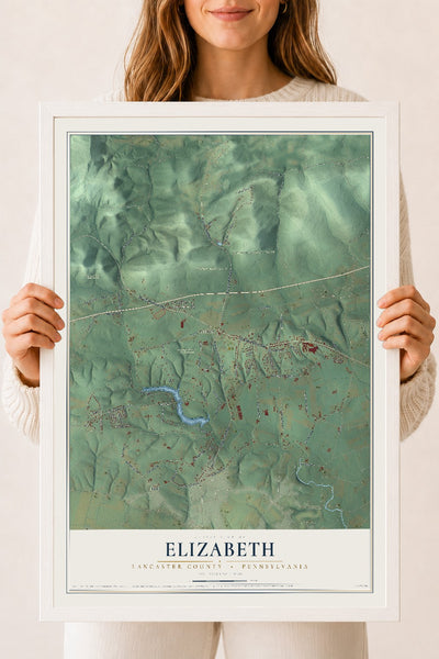 Map of Elizabeth, Lancaster County, Pennsylvania, 18 x 24 inch print in a white wood frame