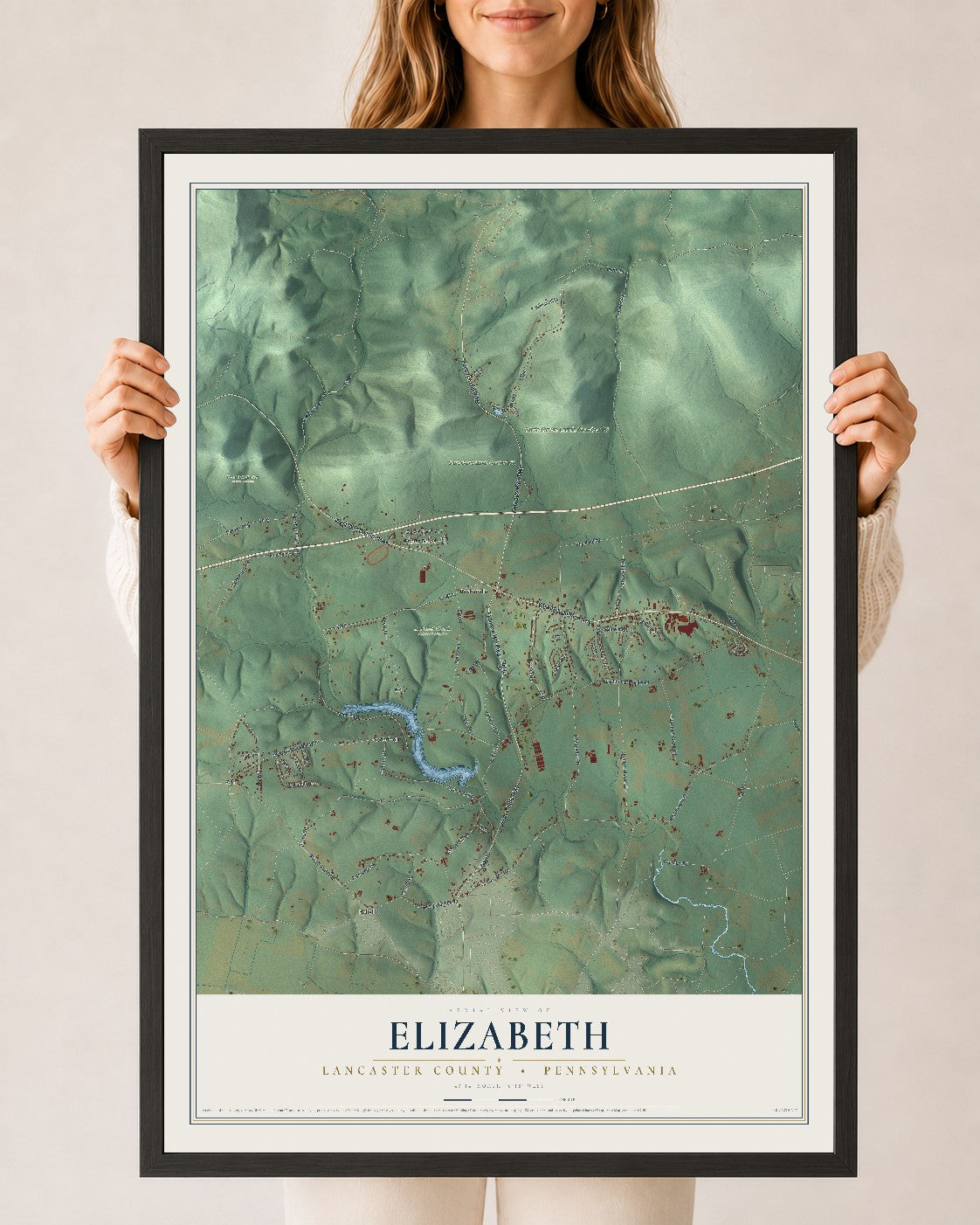 Map of Elizabeth, Lancaster County, Pennsylvania, 24 x 36 inch print in a black wood frame