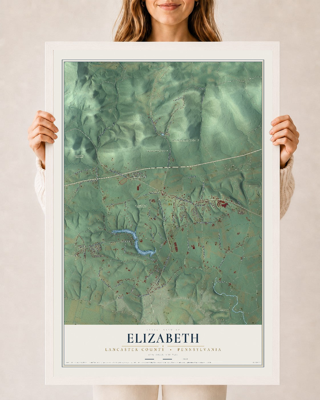 Map of Elizabeth, Lancaster County, Pennsylvania, 24 x 36 inch print in a white wood frame