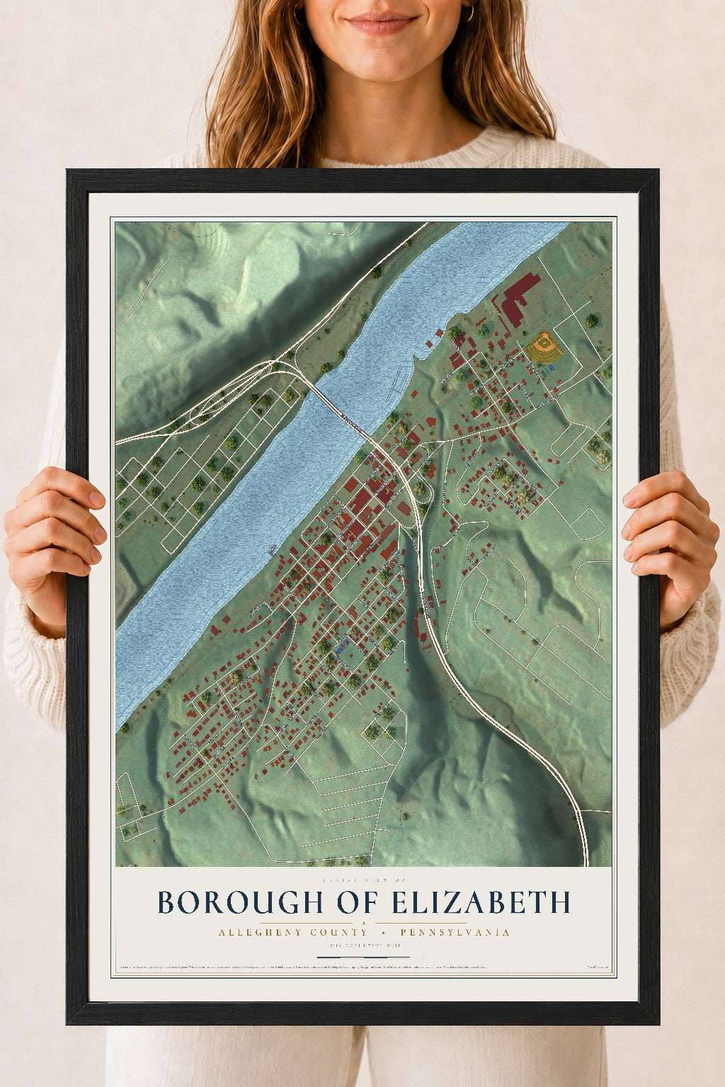 Map of the Borough of Elizabeth, Allegheny County, Pennsylvania, 18 x 24 inch print in a black wood frame