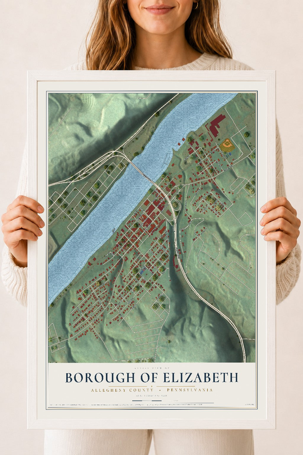 Map of the Borough of Elizabeth, Allegheny County, Pennsylvania, 18 x 24 inch print in a white wood frame