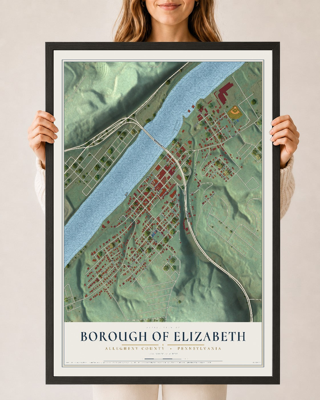 Map of the Borough of Elizabeth, Allegheny County, Pennsylvania, 24 x 36 inch print in a black wood frame