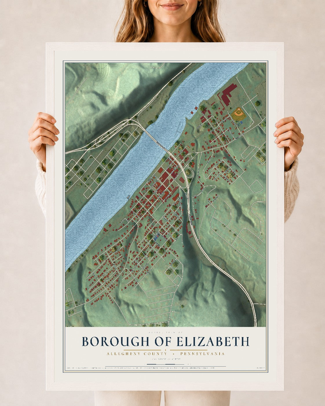 Map of the Borough of Elizabeth, Allegheny County, Pennsylvania, 24 x 36 inch print in a white wood frame