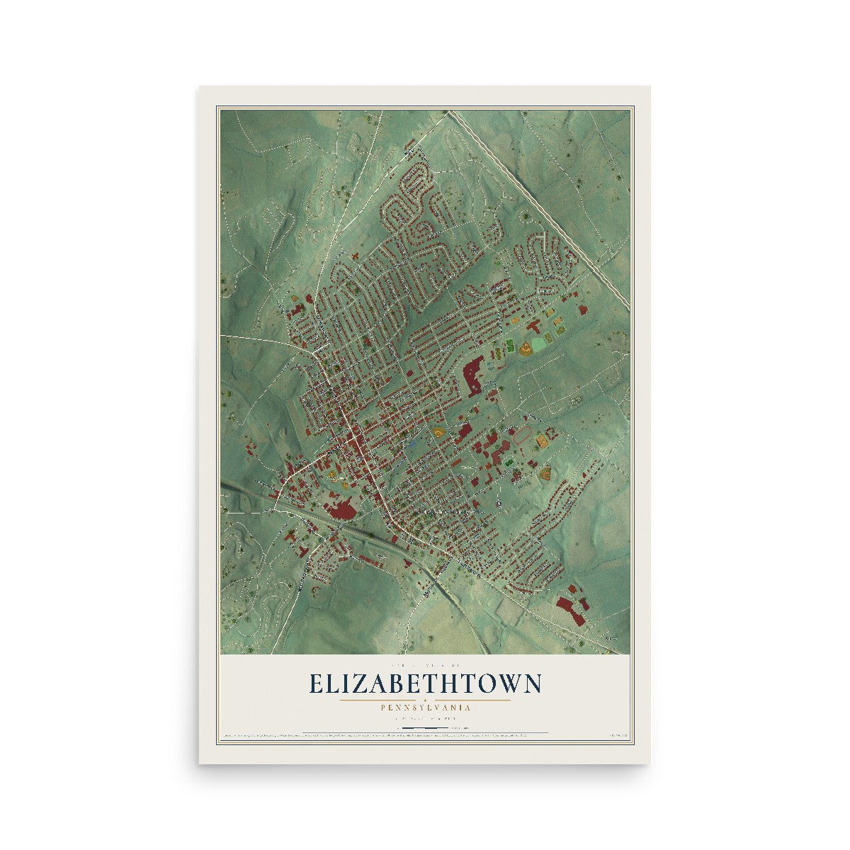 Map of Elizabethtown, Pennsylvania, 12 x 18 inch unframed archival matte print