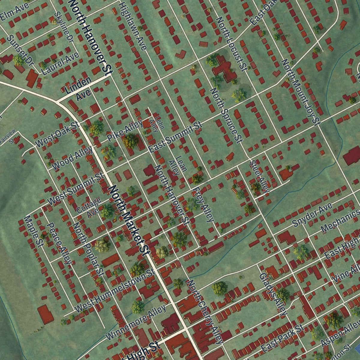 Close-up of the map of Elizabethtown, Pennsylvania print showing street and building detail