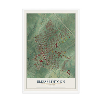 Map of Elizabethtown, Pennsylvania, 12 x 18 inch print in a white wood frame