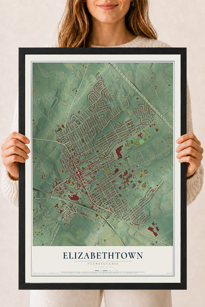 Map of Elizabethtown, Pennsylvania, 18 x 24 inch print in a black wood frame