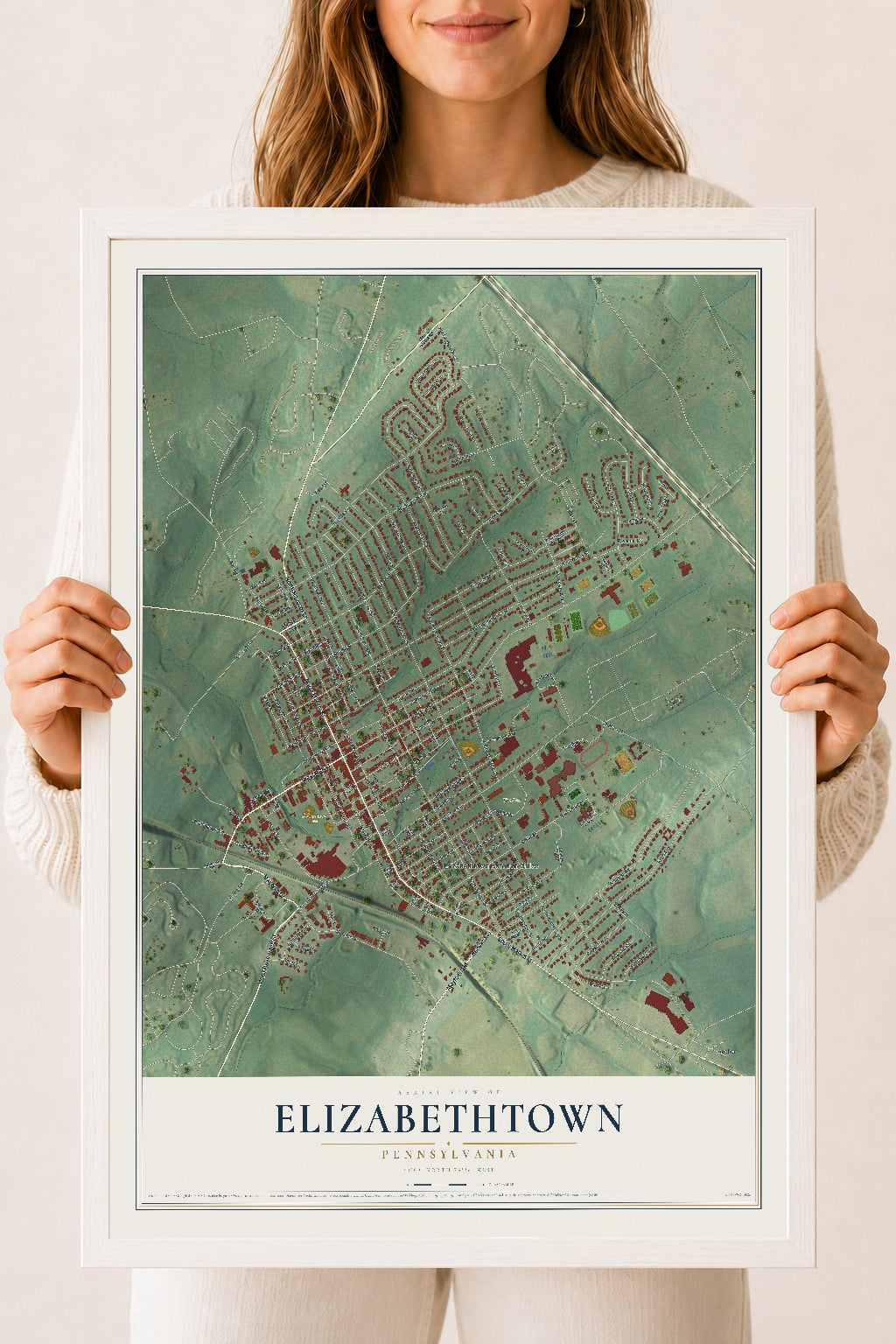Map of Elizabethtown, Pennsylvania, 18 x 24 inch print in a white wood frame