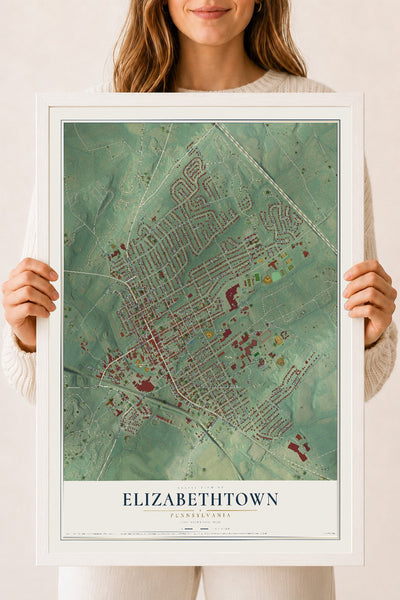Map of Elizabethtown, Pennsylvania, 18 x 24 inch print in a white wood frame