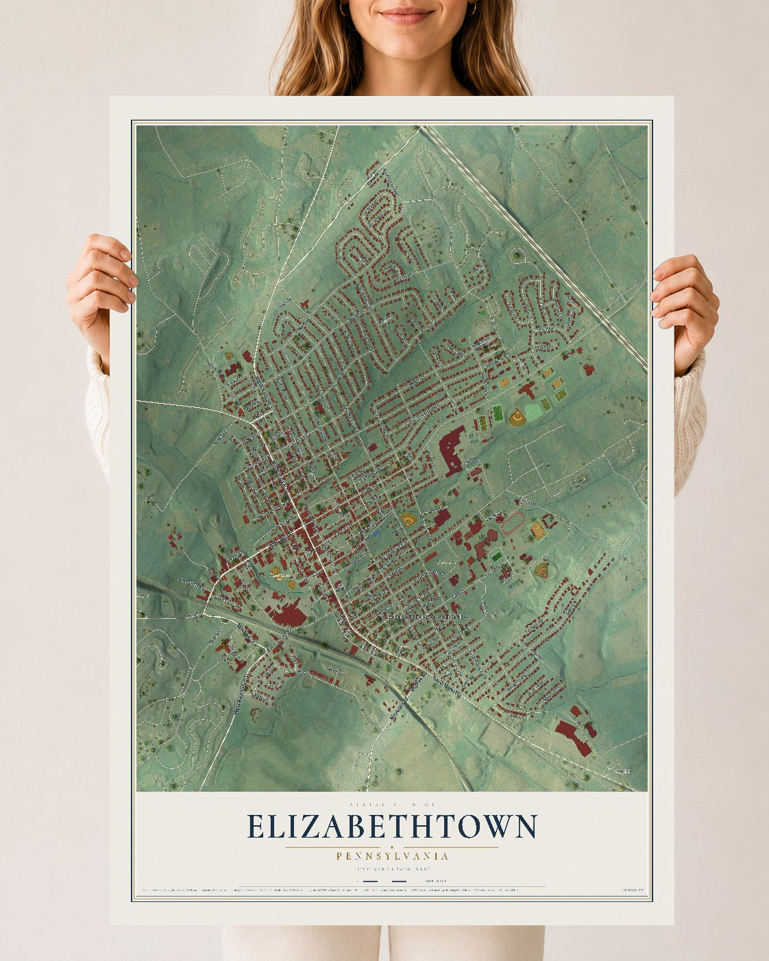 Map of Elizabethtown, Pennsylvania, 24 x 36 inch unframed archival matte print