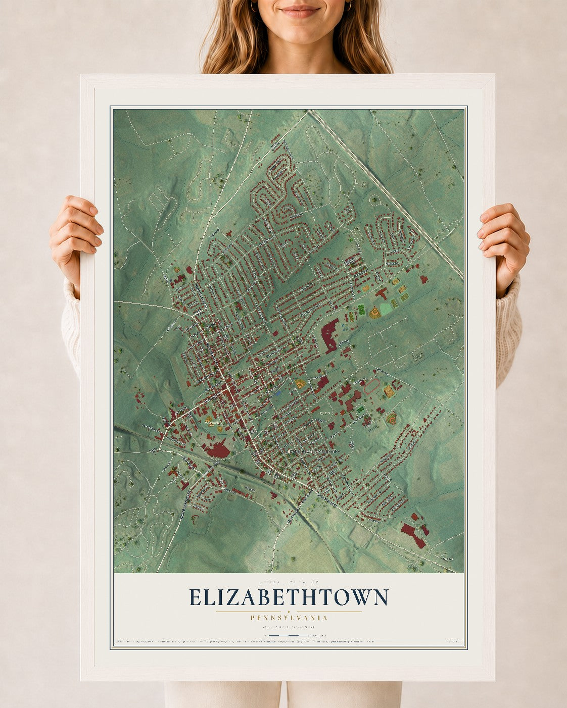 Map of Elizabethtown, Pennsylvania, 24 x 36 inch print in a white wood frame