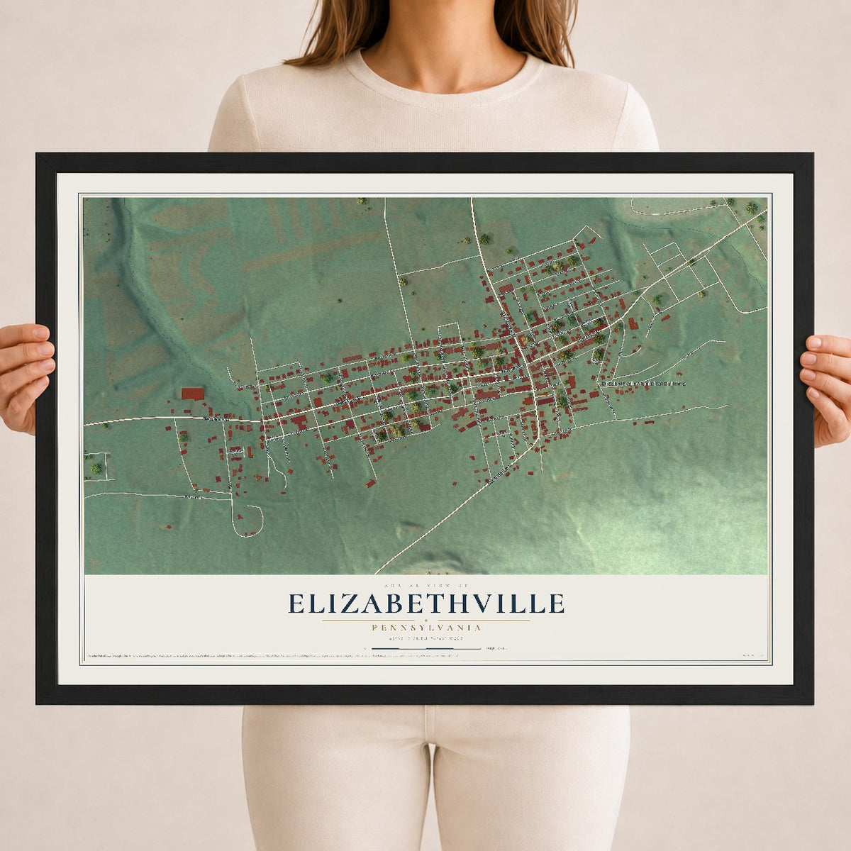 Map of Elizabethville, Pennsylvania, 18 x 24 inch print in a black wood frame