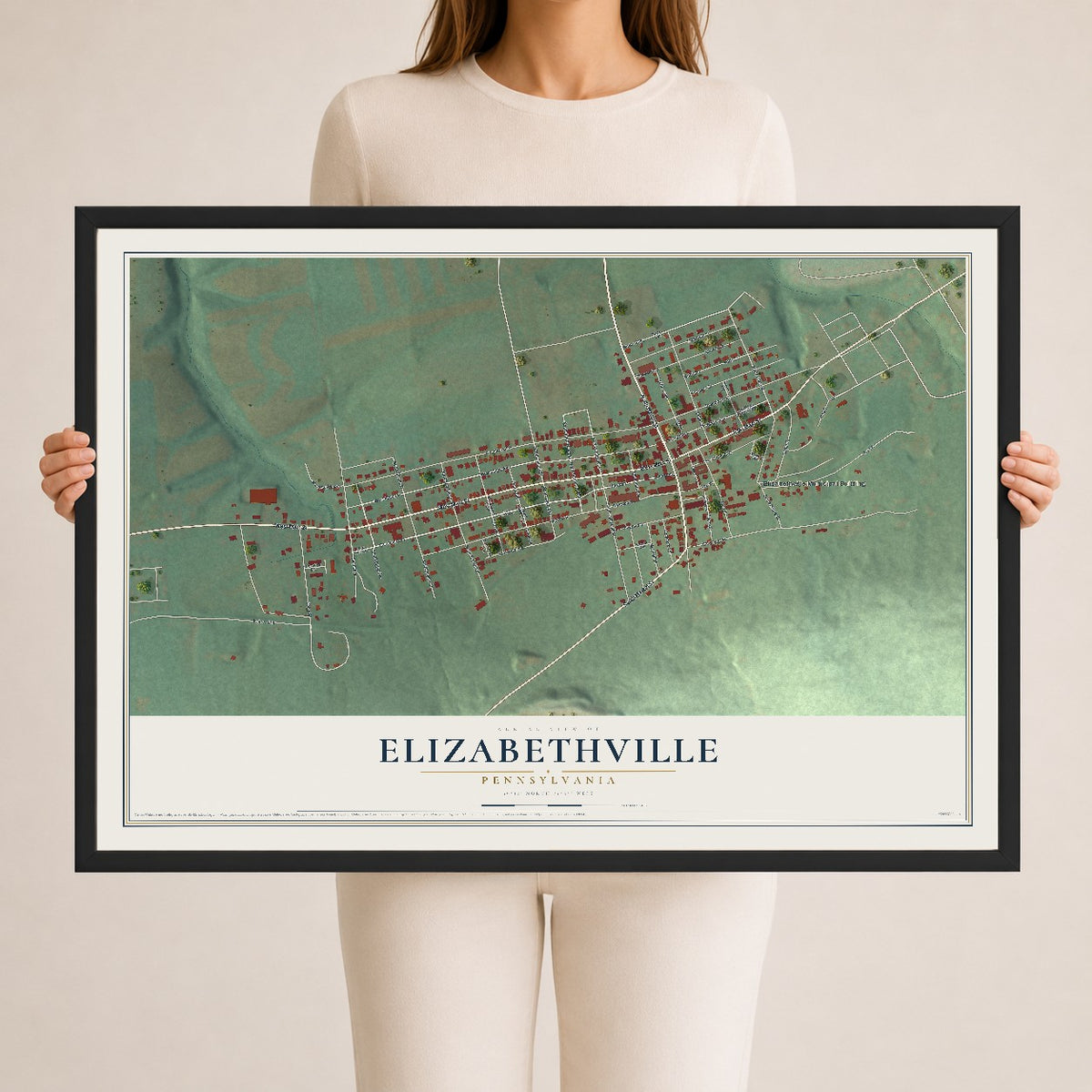 Map of Elizabethville, Pennsylvania, 24 x 36 inch print in a black wood frame
