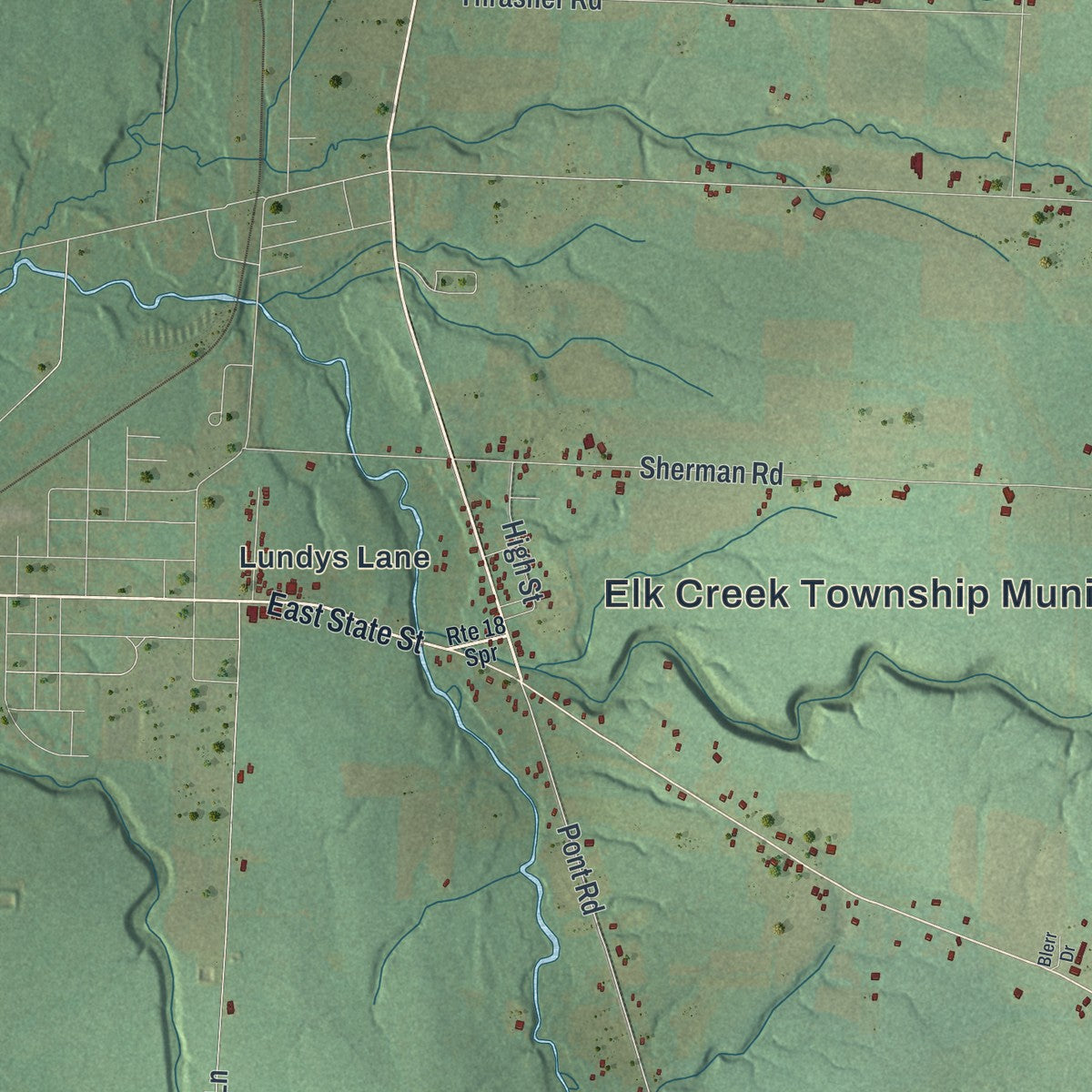 Second close-up of the map of Elk Creek, Pennsylvania print showing more streets and buildings