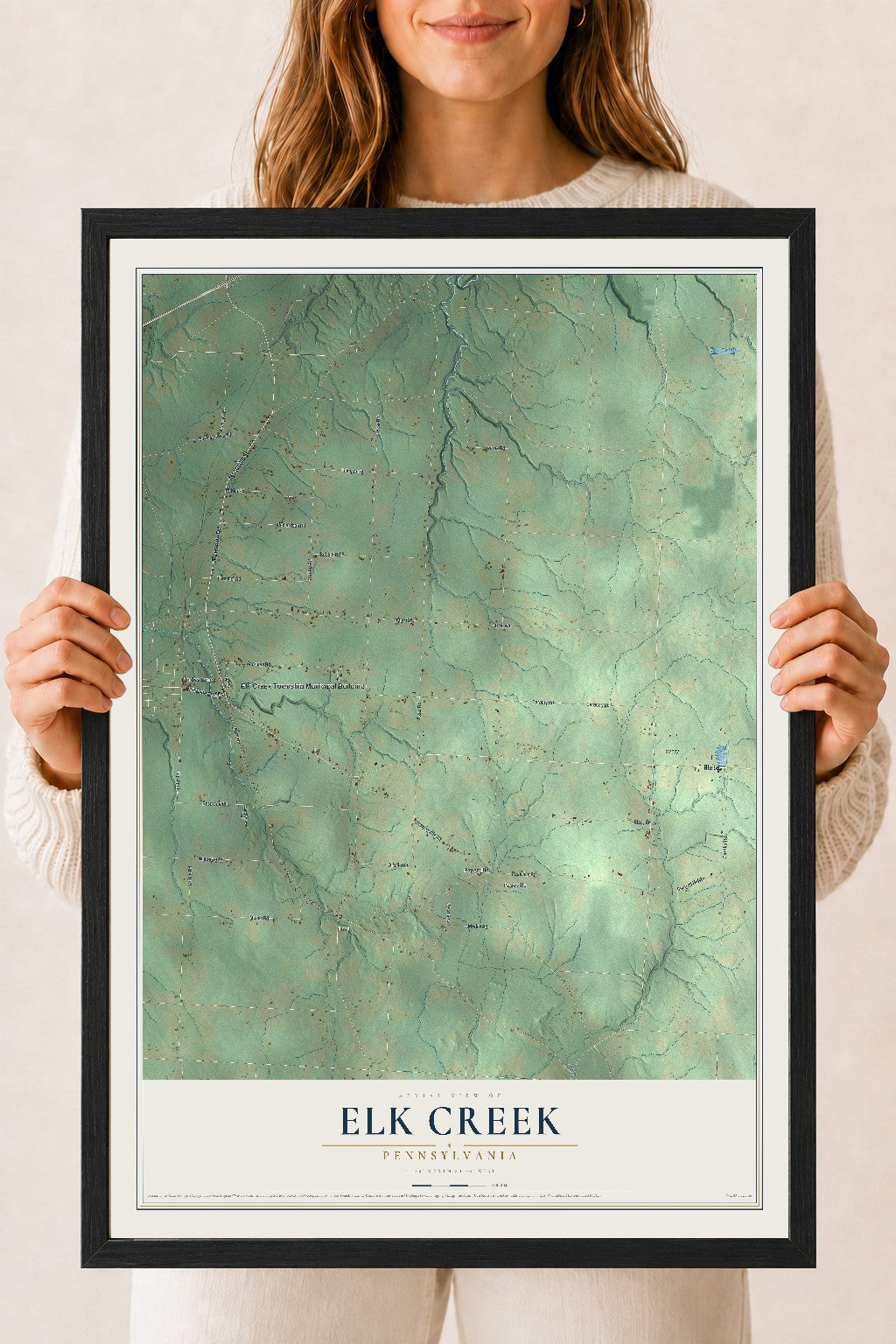 Map of Elk Creek, Pennsylvania, 18 x 24 inch print in a black wood frame