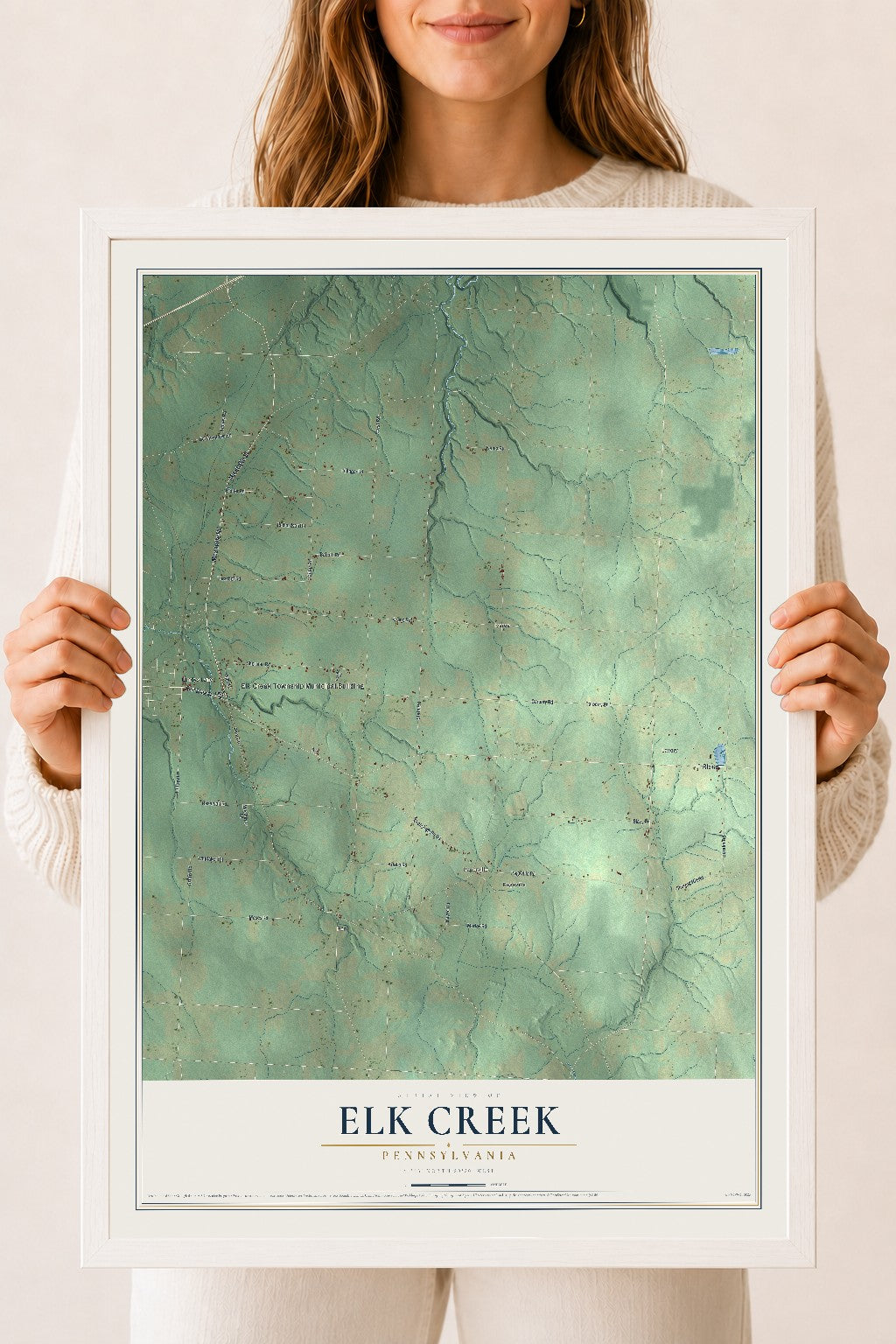 Map of Elk Creek, Pennsylvania, 18 x 24 inch print in a white wood frame