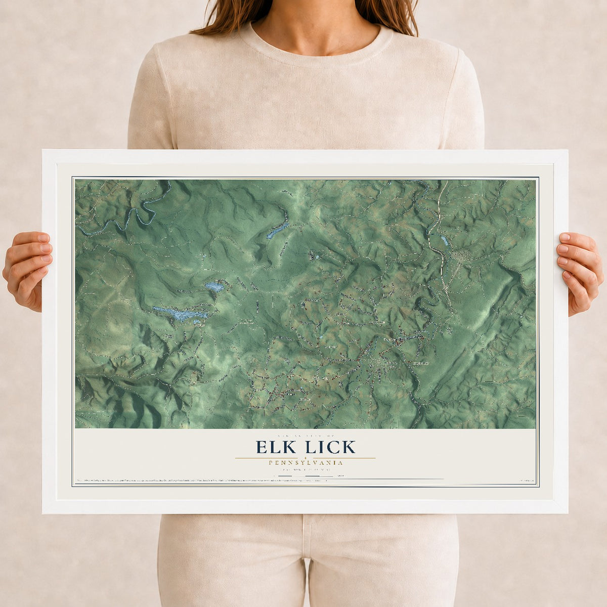 Map of Elk Lick, Pennsylvania, 12 x 18 inch print in a white wood frame