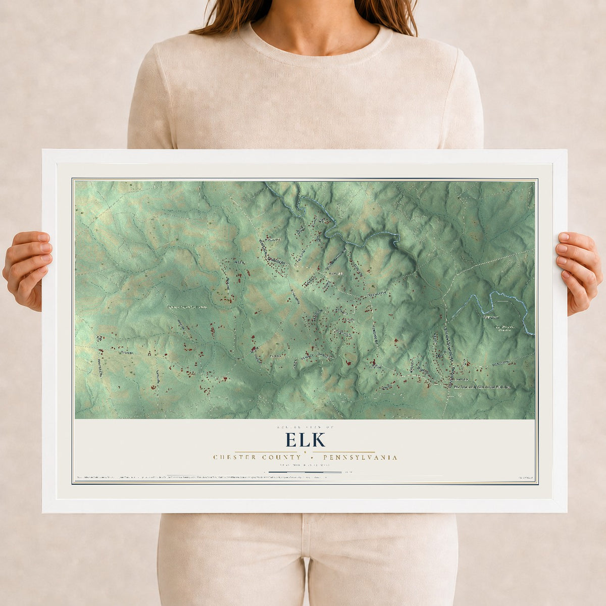 Map of Elk, Chester County, Pennsylvania, 12 x 18 inch print in a white wood frame