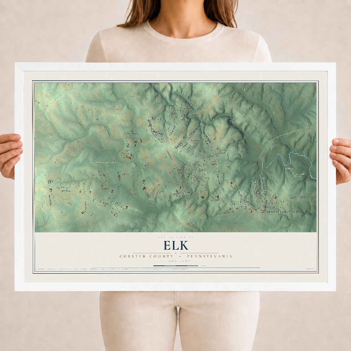 Map of Elk, Chester County, Pennsylvania, 18 x 24 inch print in a white wood frame