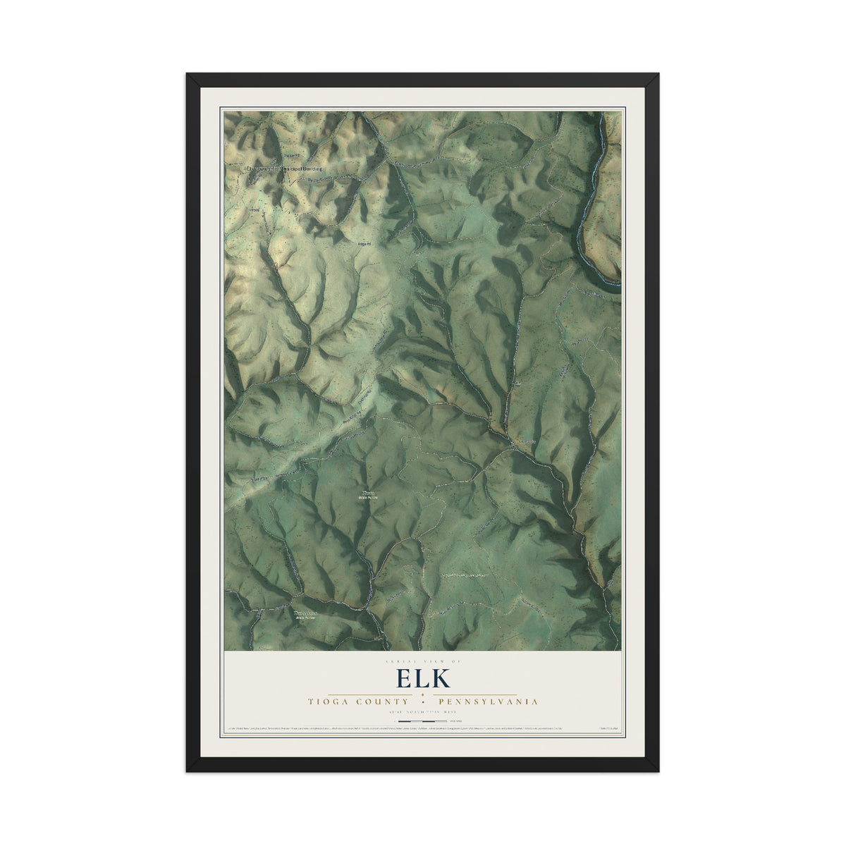 Map of Elk, Tioga County, Pennsylvania, 12 x 18 inch print in a black wood frame