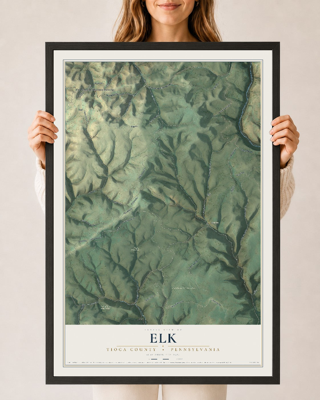 Map of Elk, Tioga County, Pennsylvania, 24 x 36 inch print in a black wood frame