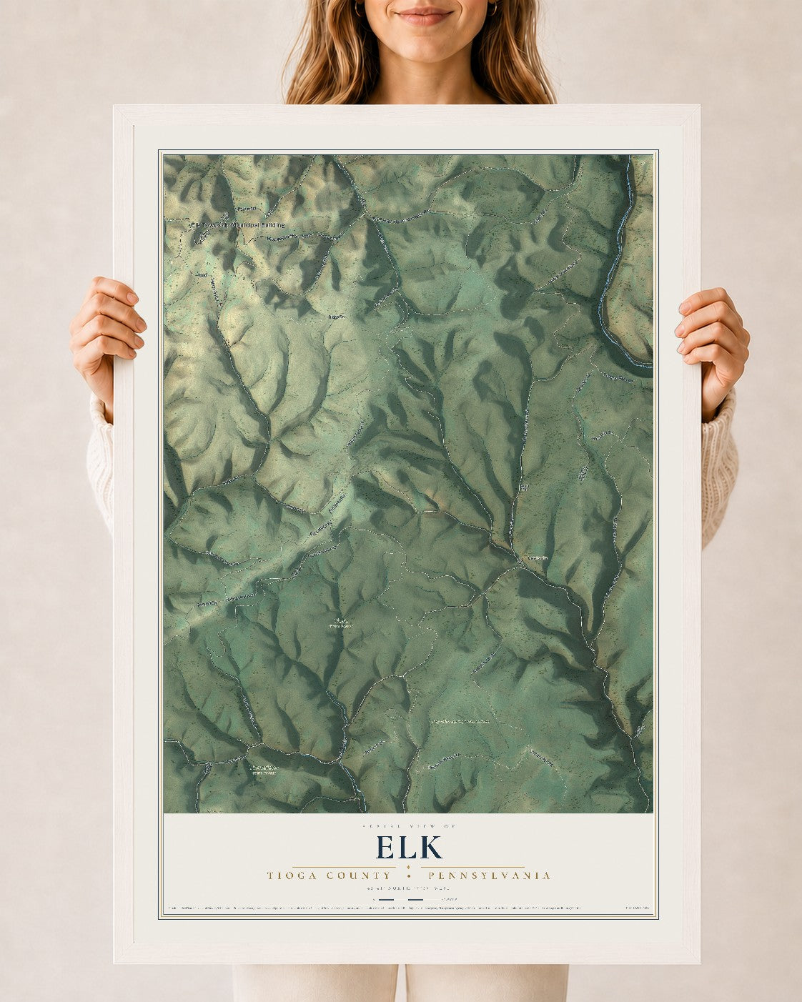 Map of Elk, Tioga County, Pennsylvania, 24 x 36 inch print in a white wood frame