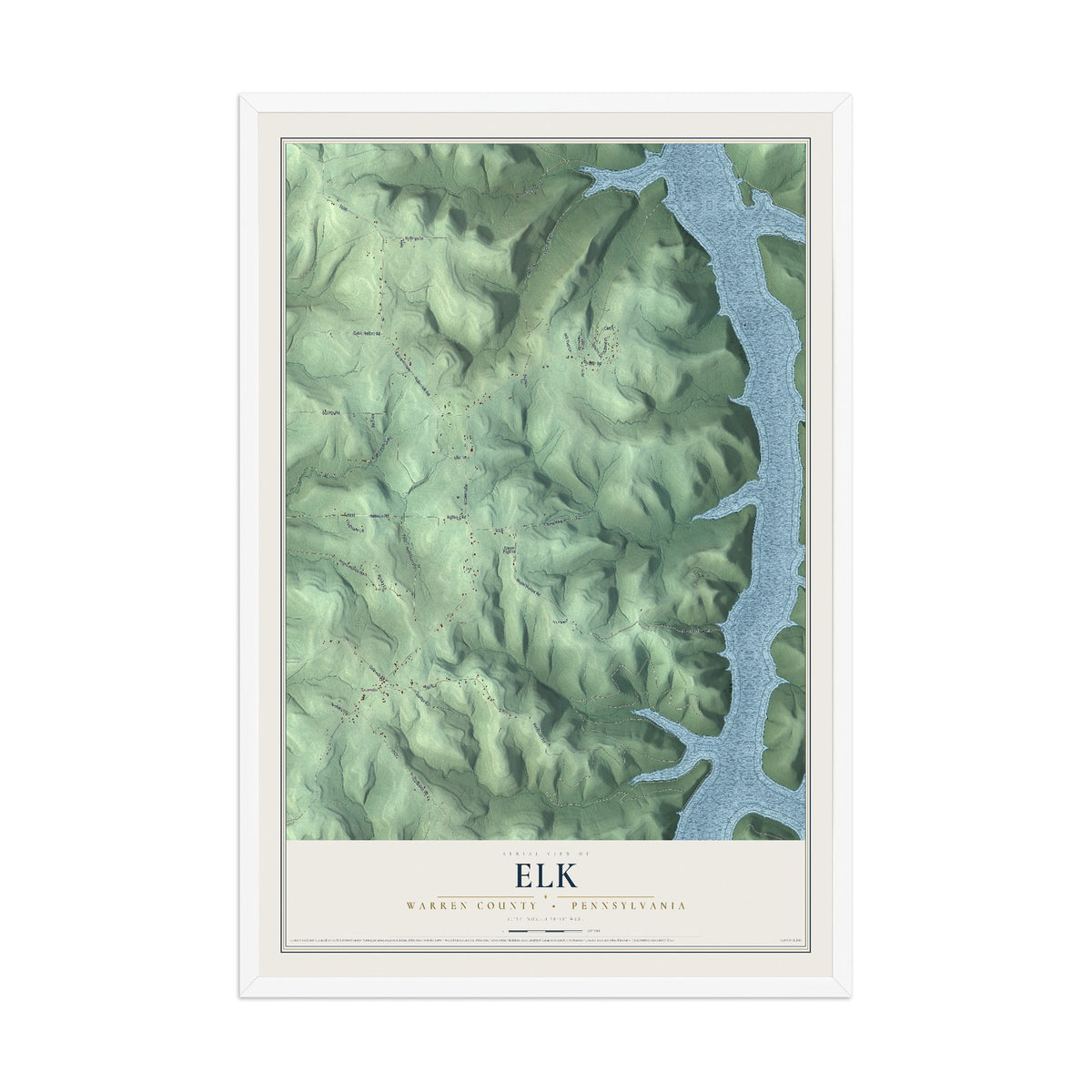 Map of Elk, Warren County, Pennsylvania, 12 x 18 inch print in a white wood frame