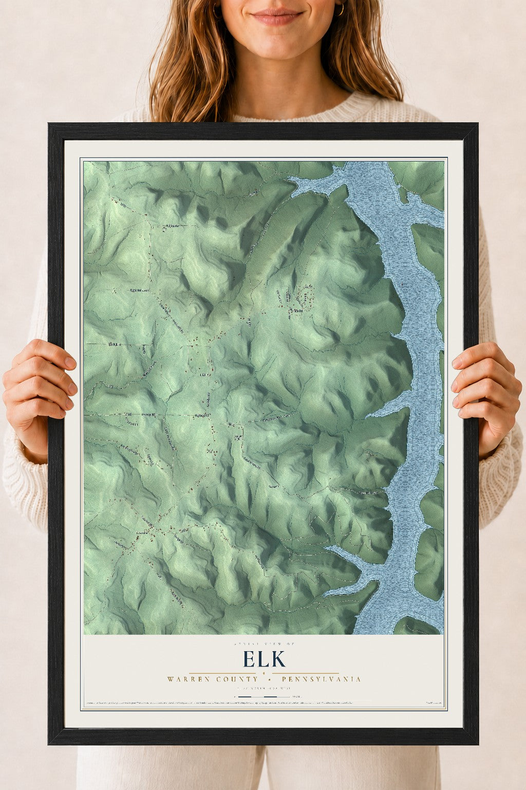 Map of Elk, Warren County, Pennsylvania, 18 x 24 inch print in a black wood frame