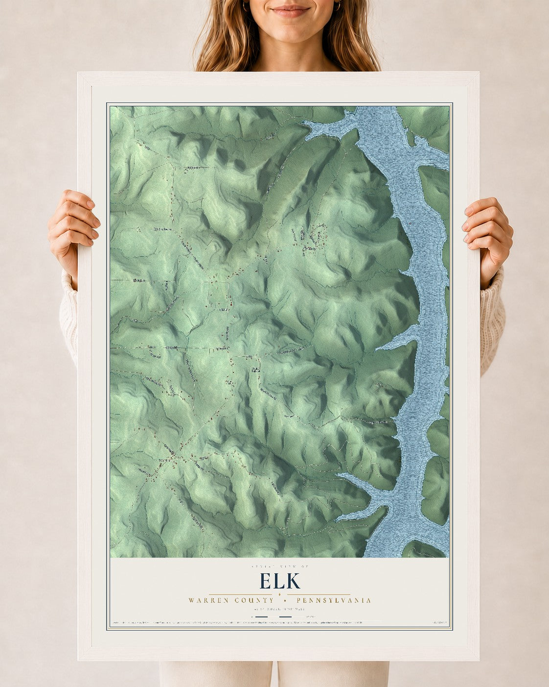 Map of Elk, Warren County, Pennsylvania, 24 x 36 inch print in a white wood frame