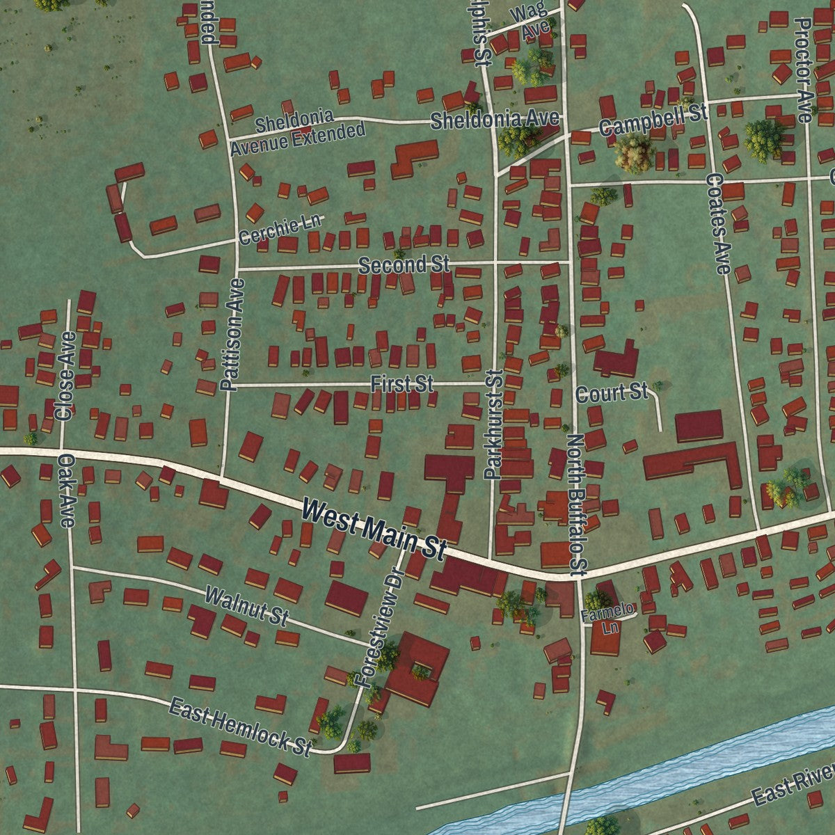 Close-up of the map of Elkland, Tioga County, Pennsylvania print showing street and building detail