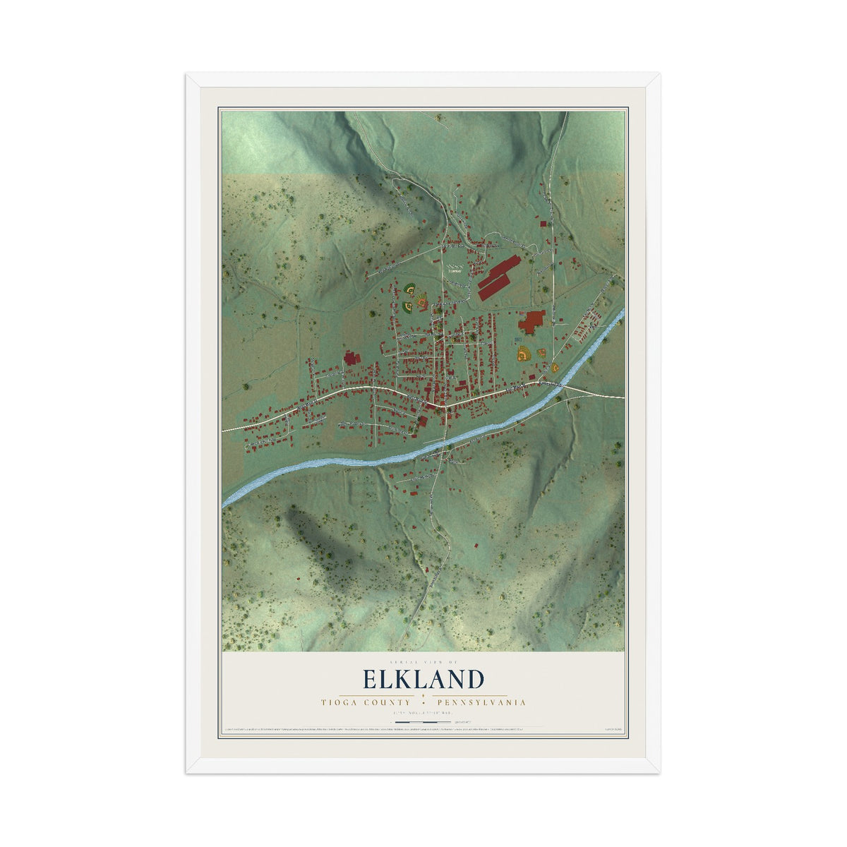 Map of Elkland, Tioga County, Pennsylvania, 12 x 18 inch print in a white wood frame