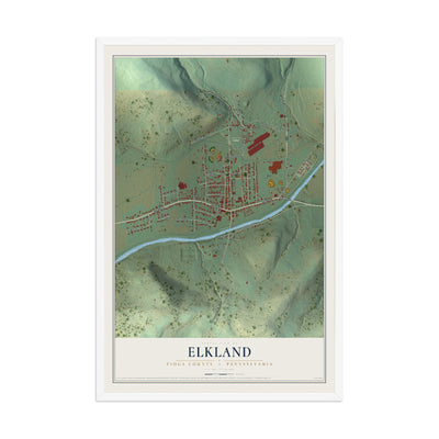 Map of Elkland, Tioga County, Pennsylvania, 12 x 18 inch print in a white wood frame