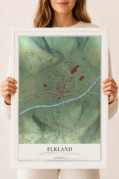 Map of Elkland, Tioga County, Pennsylvania, 18 x 24 inch print in a white wood frame
