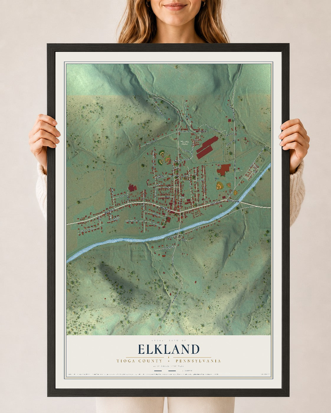 Map of Elkland, Tioga County, Pennsylvania, 24 x 36 inch print in a black wood frame