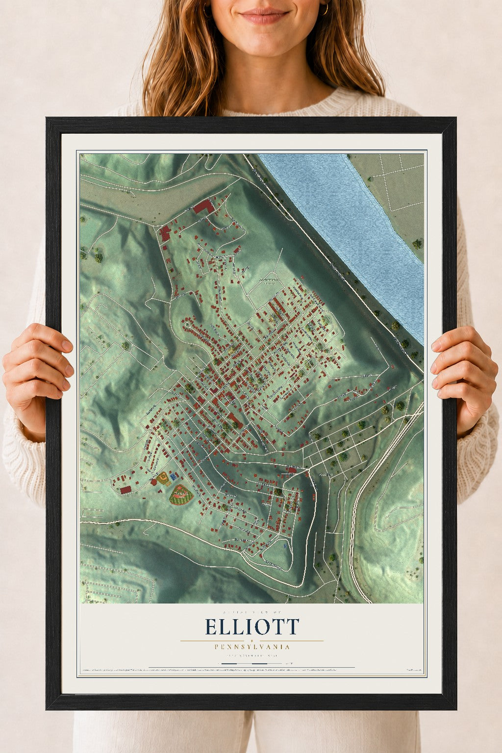 Map of Elliott, Pennsylvania, 18 x 24 inch print in a black wood frame