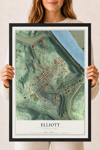 Map of Elliott, Pennsylvania, 18 x 24 inch print in a black wood frame