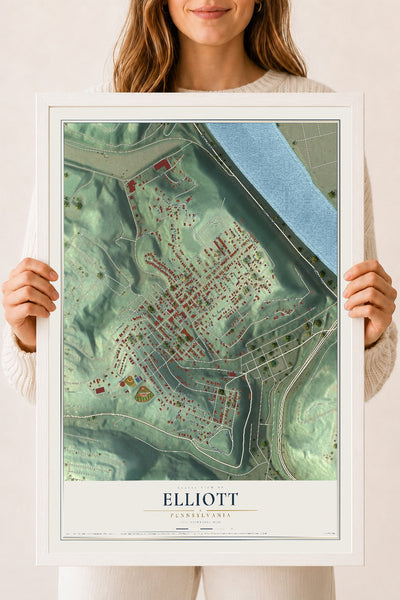 Map of Elliott, Pennsylvania, 18 x 24 inch print in a white wood frame