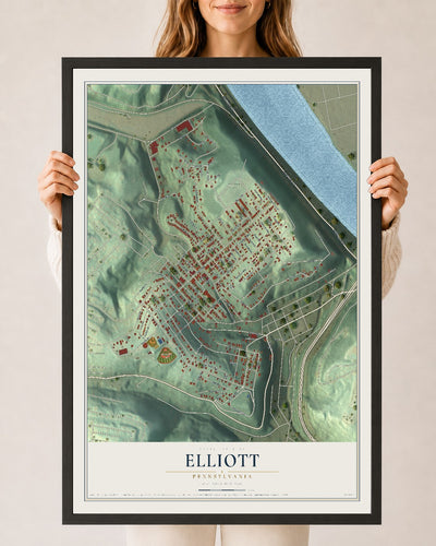 Map of Elliott, Pennsylvania, 24 x 36 inch print in a black wood frame