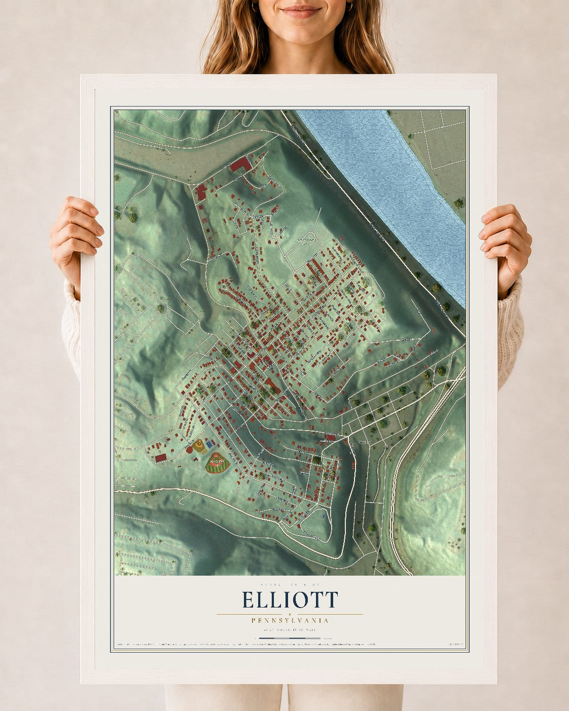 Map of Elliott, Pennsylvania, 24 x 36 inch print in a white wood frame