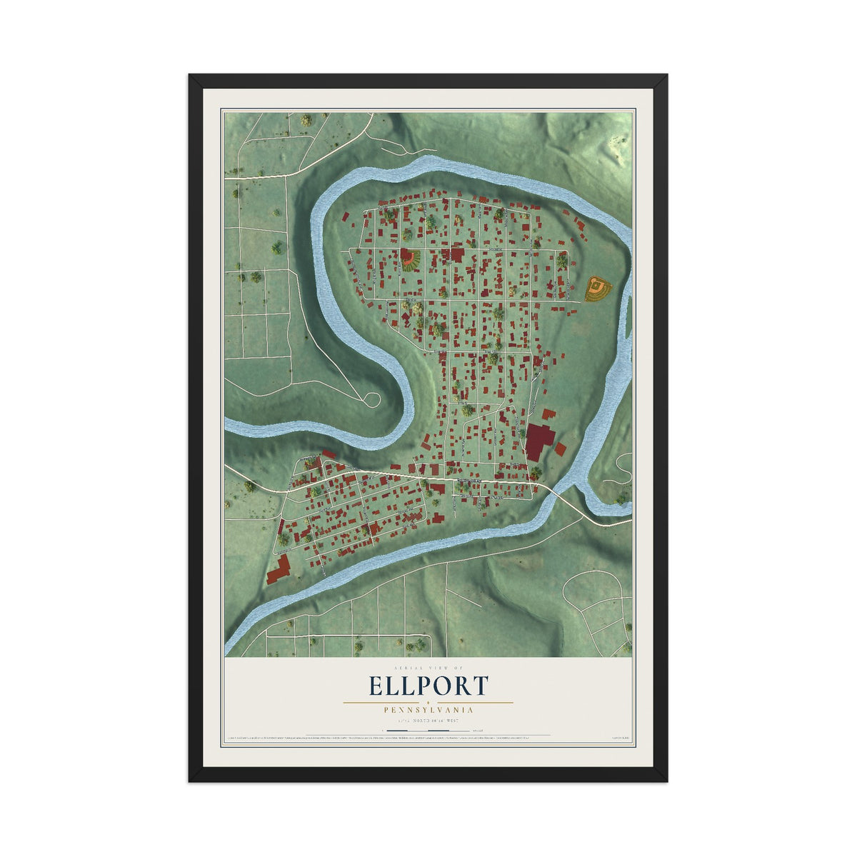 Map of Ellport, Pennsylvania, 12 x 18 inch print in a black wood frame
