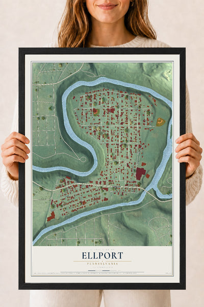 Map of Ellport, Pennsylvania, 18 x 24 inch print in a black wood frame