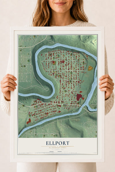 Map of Ellport, Pennsylvania, 18 x 24 inch print in a white wood frame