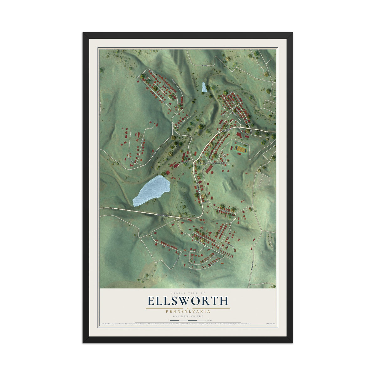 Map of Ellsworth, Pennsylvania, 12 x 18 inch print in a black wood frame
