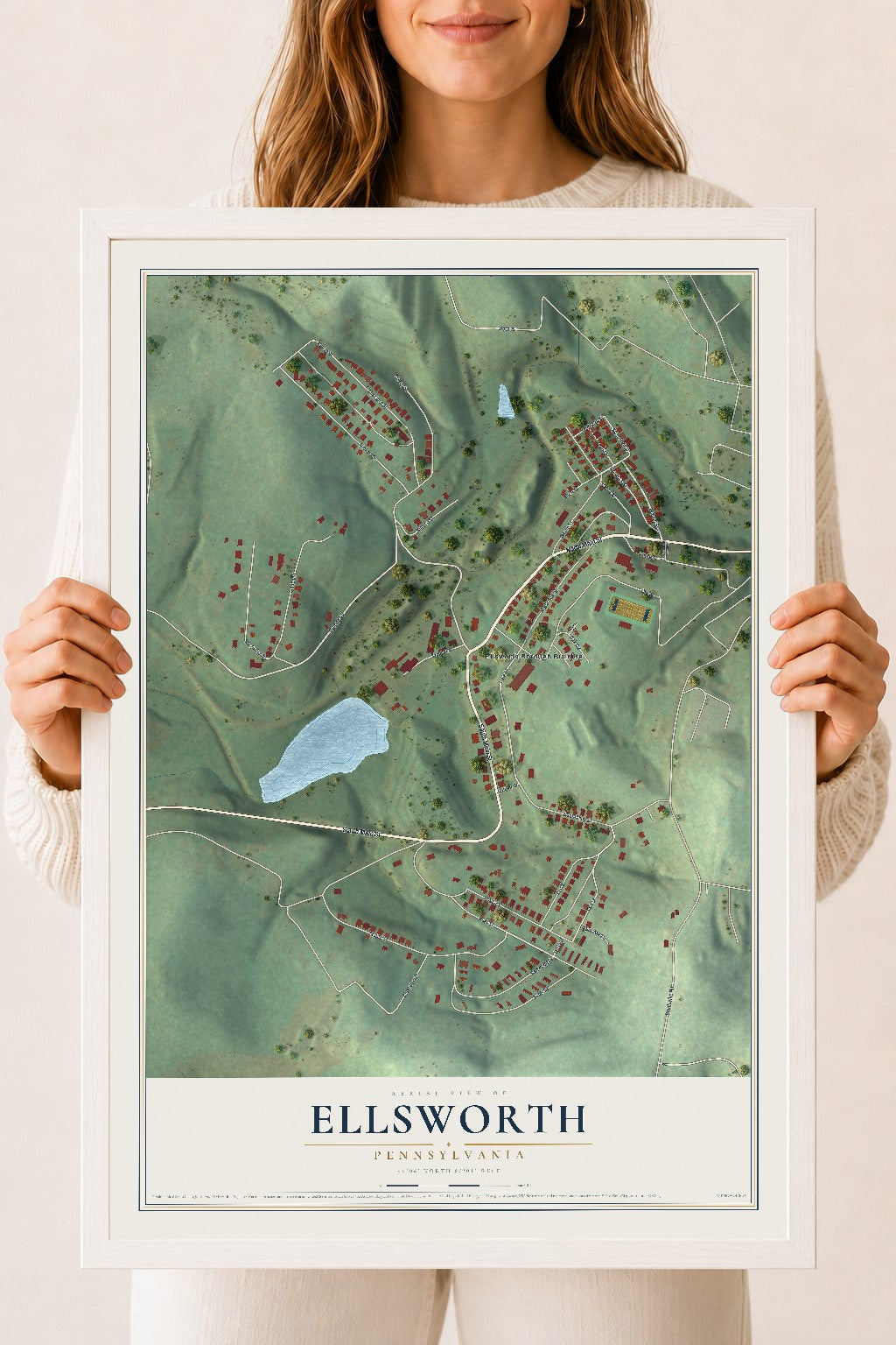 Map of Ellsworth, Pennsylvania, 18 x 24 inch print in a white wood frame